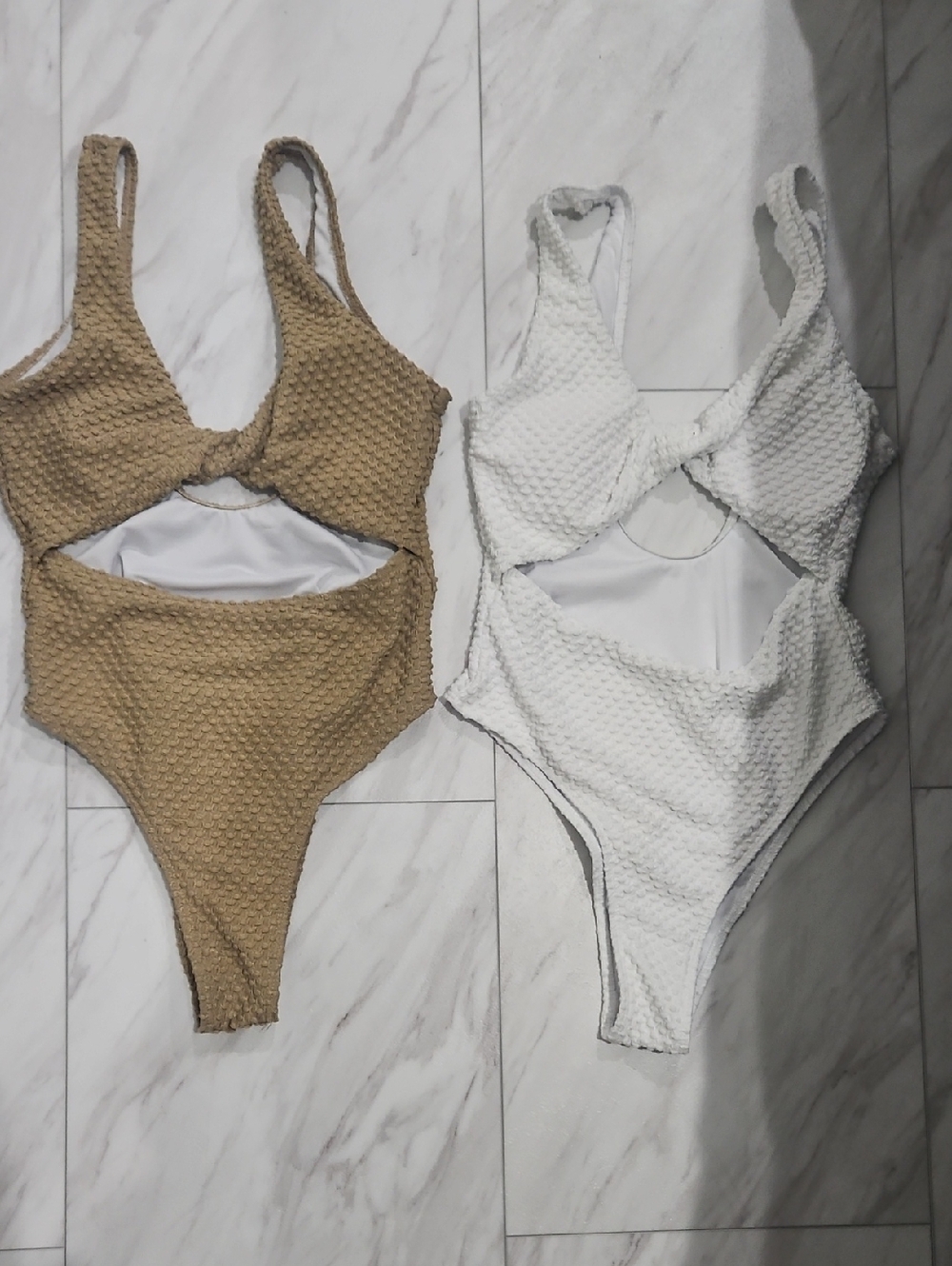 SHEIN Tan and White Textured Cutout One-Pieces